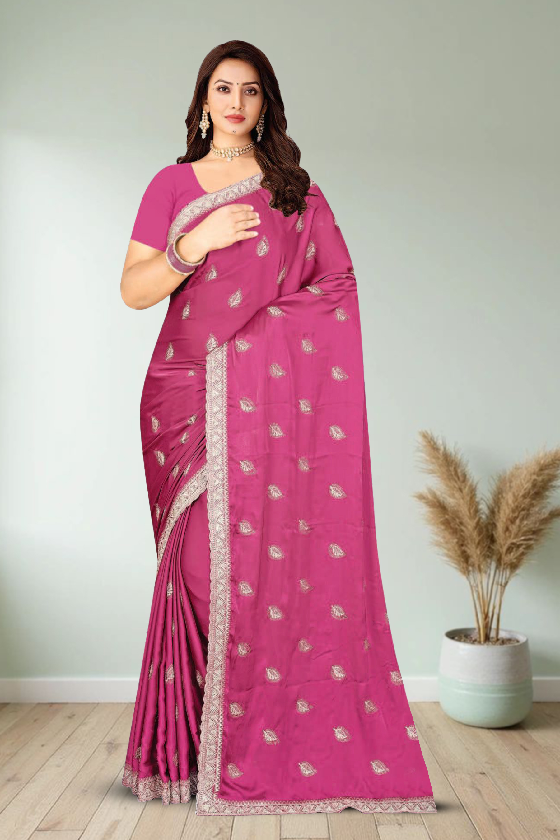 Fancy Dyed Embroidery Work Saree With Un-Stitched Blouse