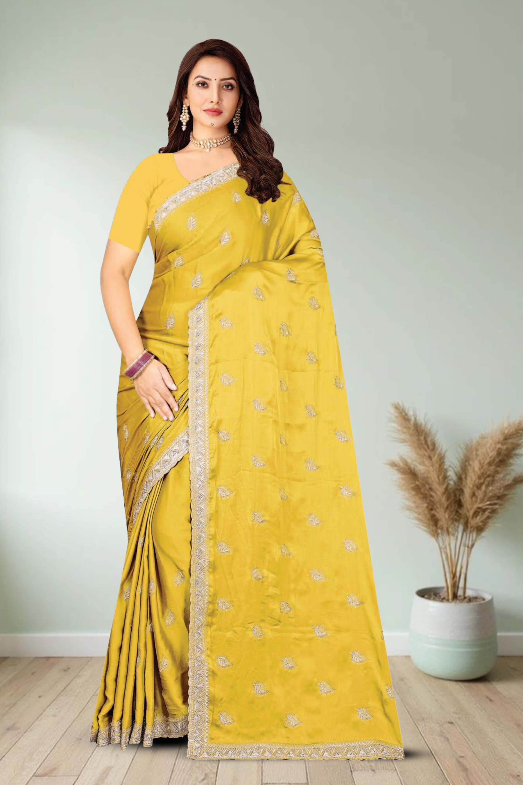 Fancy Dyed Embroidery Work Saree With Un-Stitched Blouse