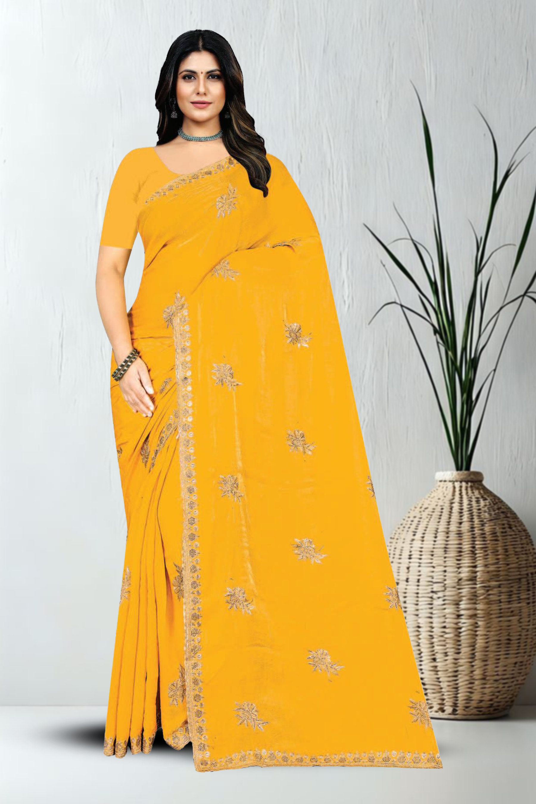 Fancy Dyed Embroidery Work Saree With Un-Stitched Blouse