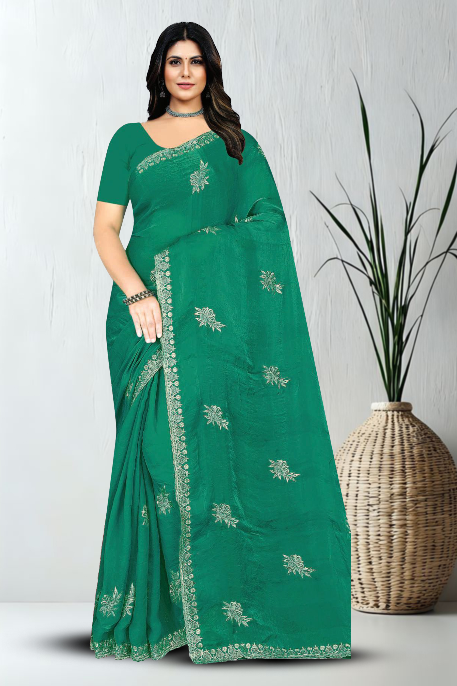 Fancy Dyed Embroidery Work Saree With Un-Stitched Blouse