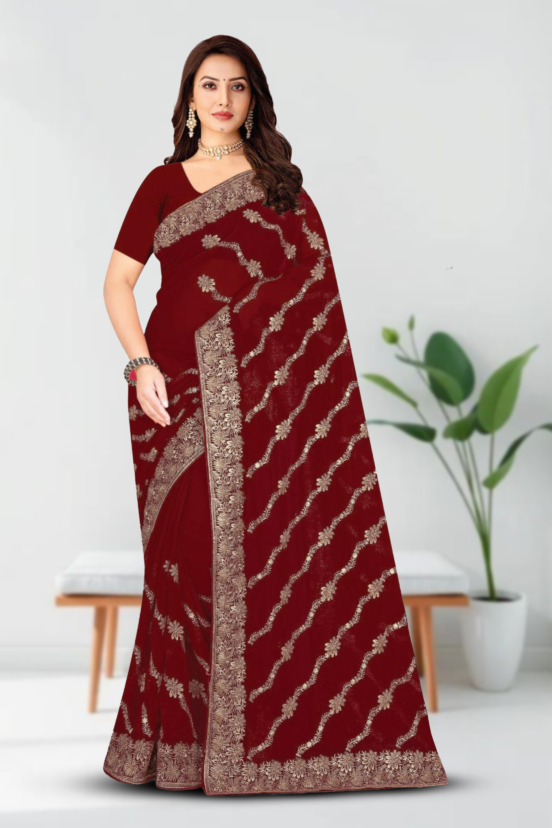 Fancy Dyed Embroidery Work Saree With Un-Stitched Blouse