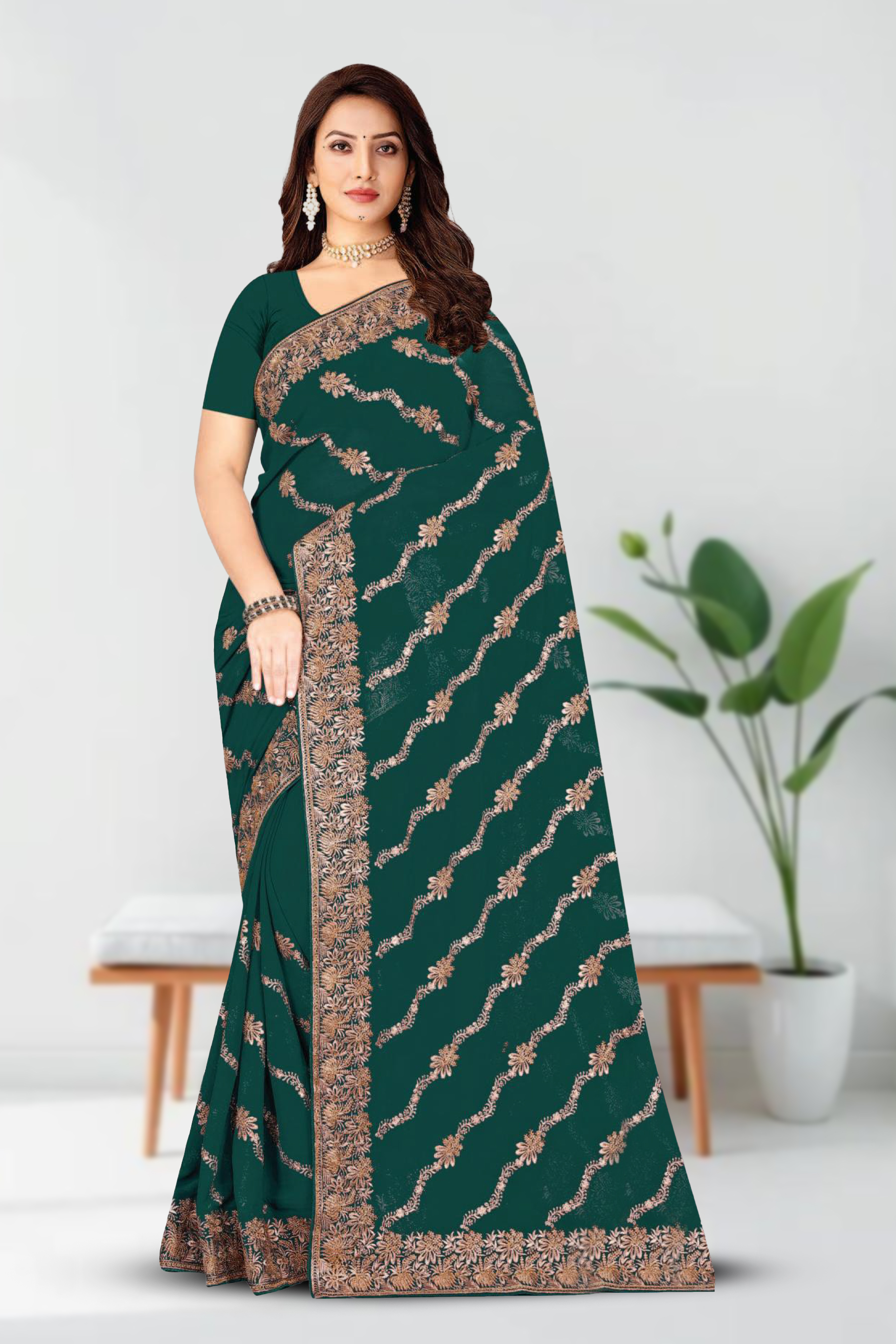 Fancy Dyed Embroidery Work Saree With Un-Stitched Blouse