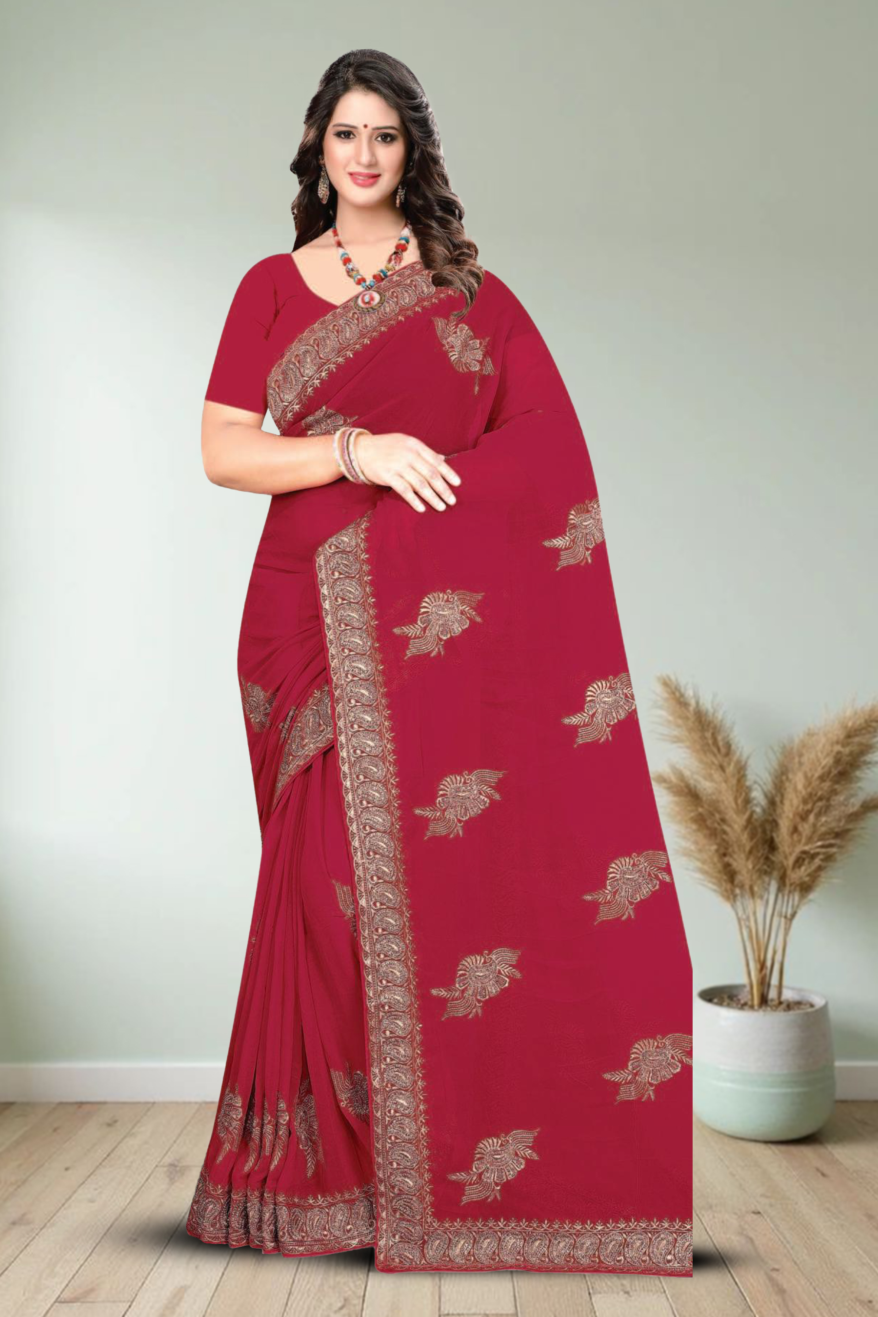 Fancy Dyed Embroidery Work Saree With Un-Stitched Blouse