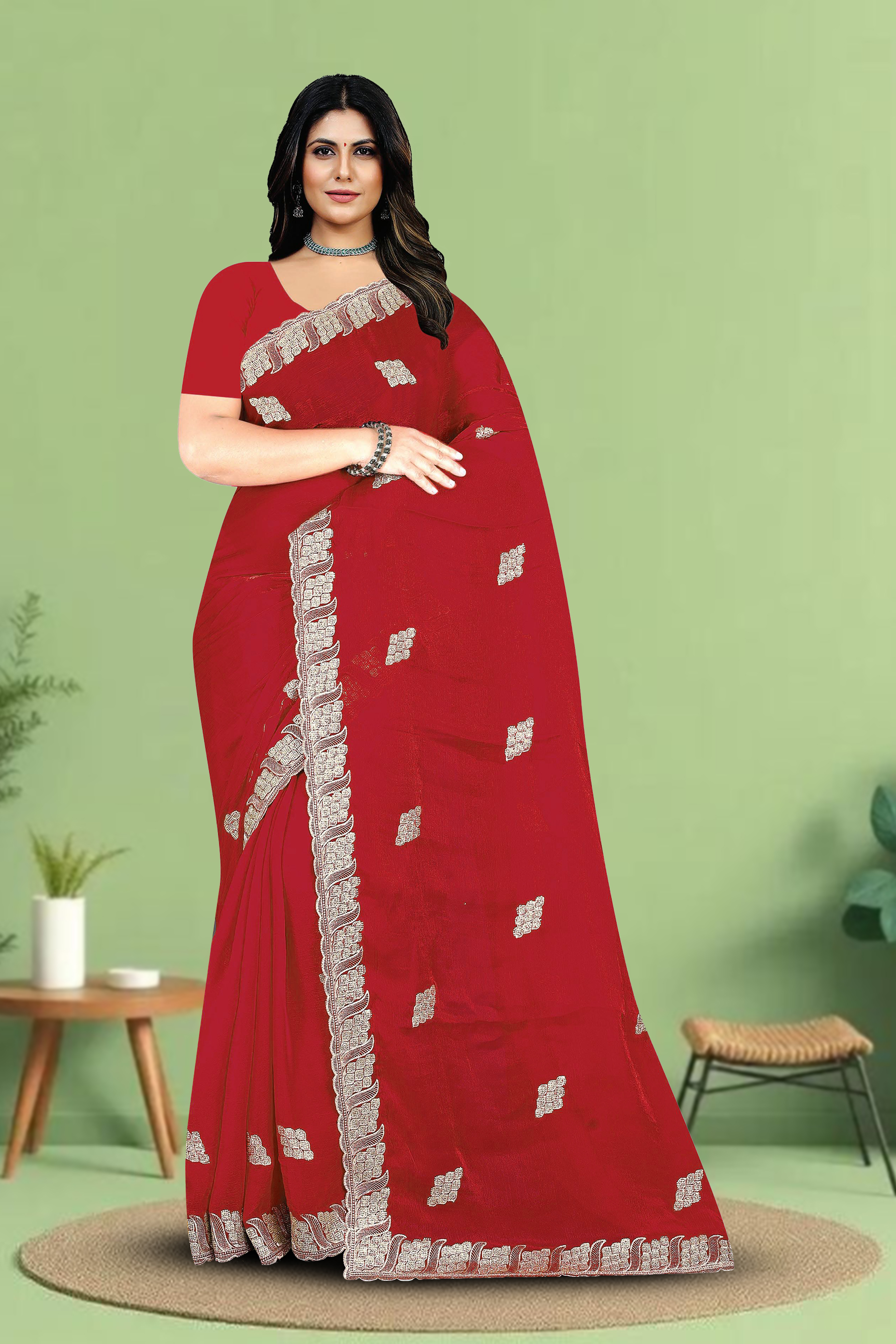 Fancy Dyed Embroidery Work Saree With Un-Stitched Blouse