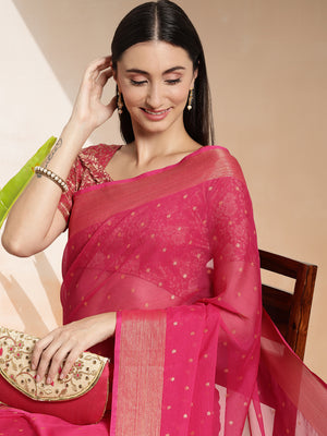 Fuchsia Chiffon Ready To Wear Saree With Blouse Piece