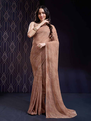 Brown Georgette Swarovski Stone Embellished Printed Saree With Blouse Piece