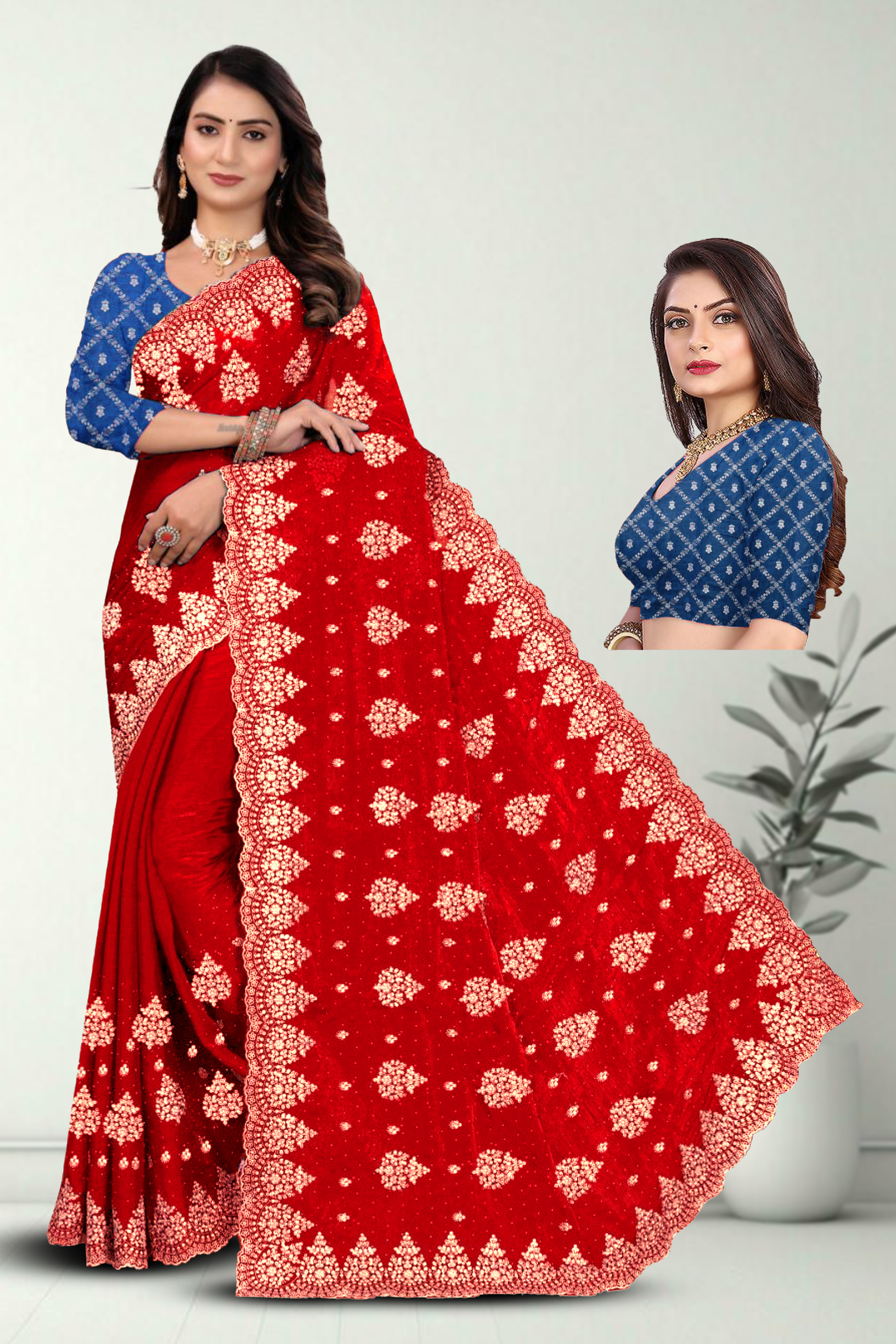 Fancy Dyed Embroidery Work Saree With Un-Stitched Blouse