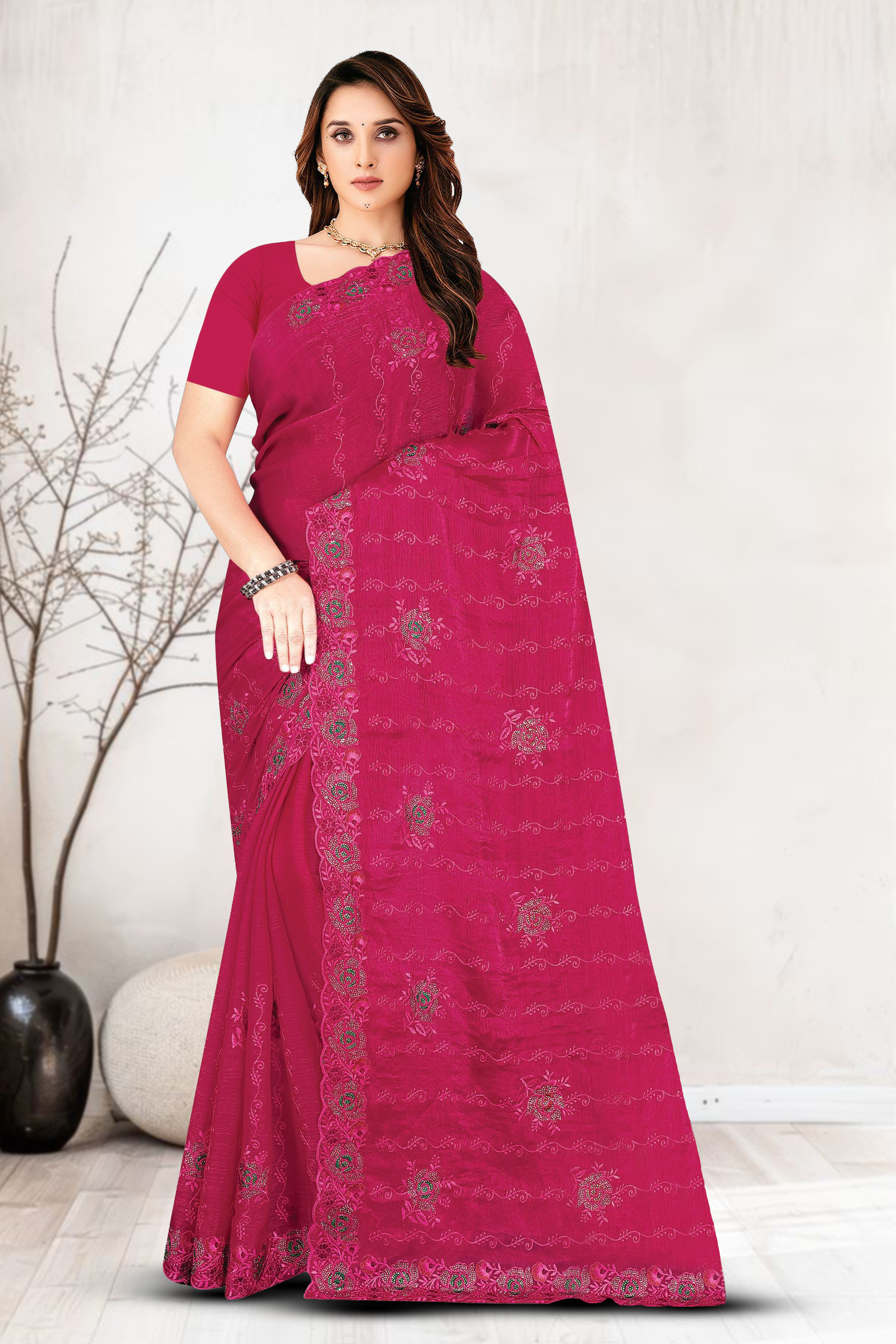 Dyed Embroidery Saree With Un-Stitched Blouse