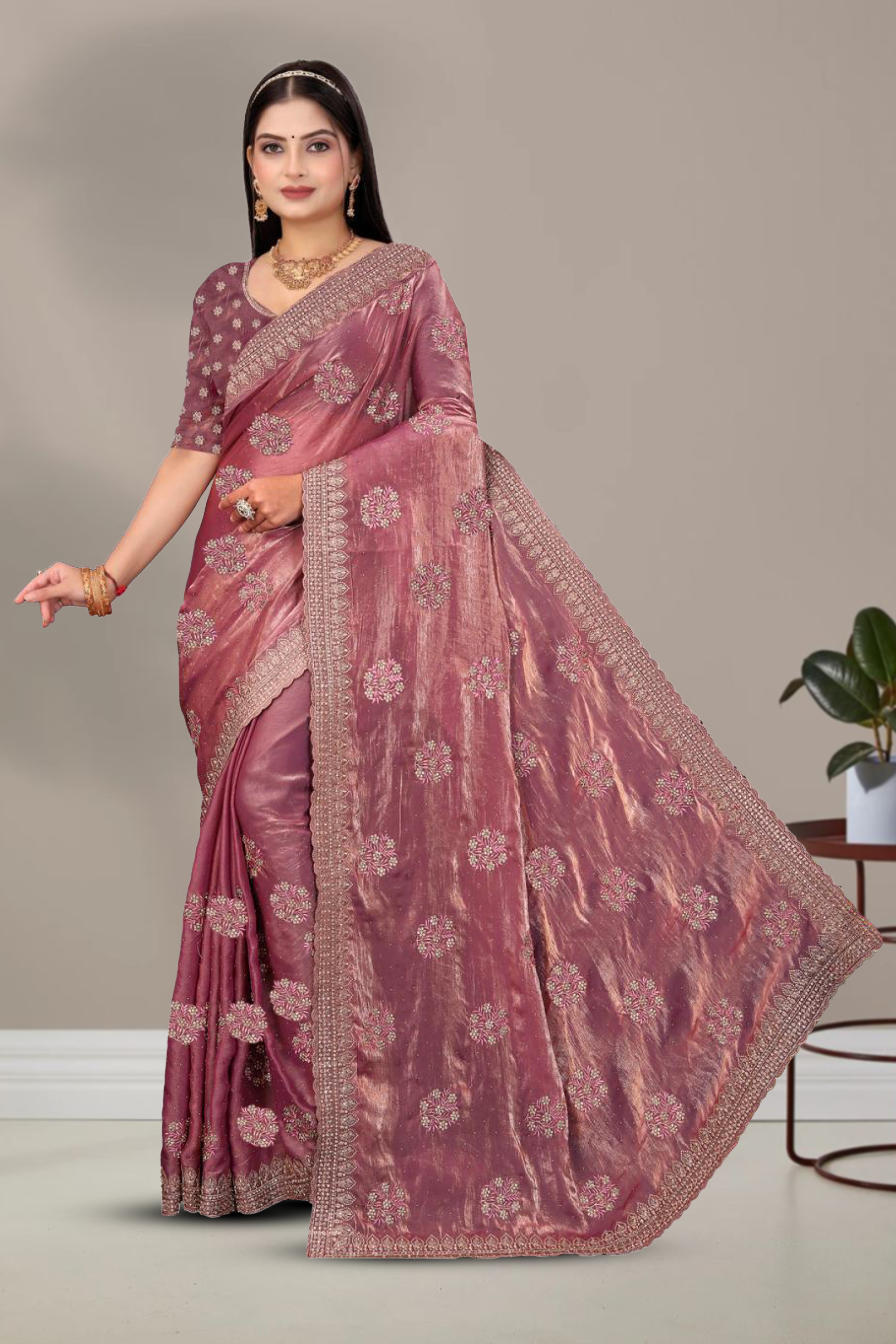 Dyed Embroidery Work Saree With Un-Stitched Blouse