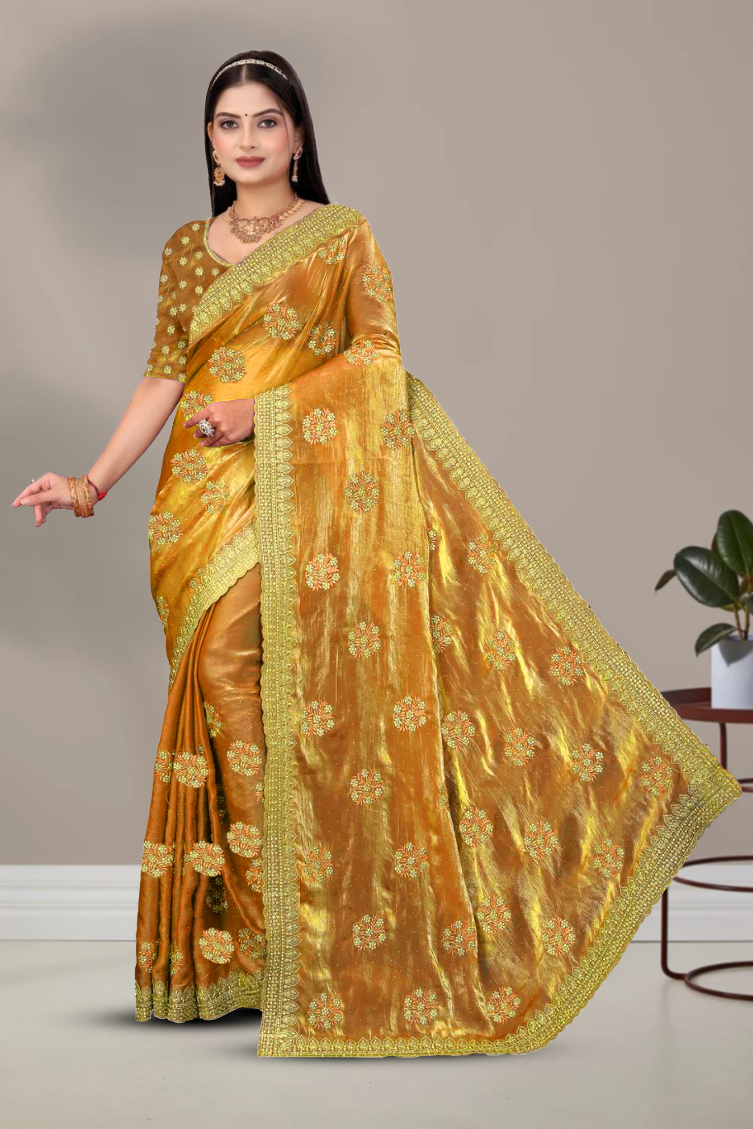 Dyed Embroidery Work Saree With Un-Stitched Blouse