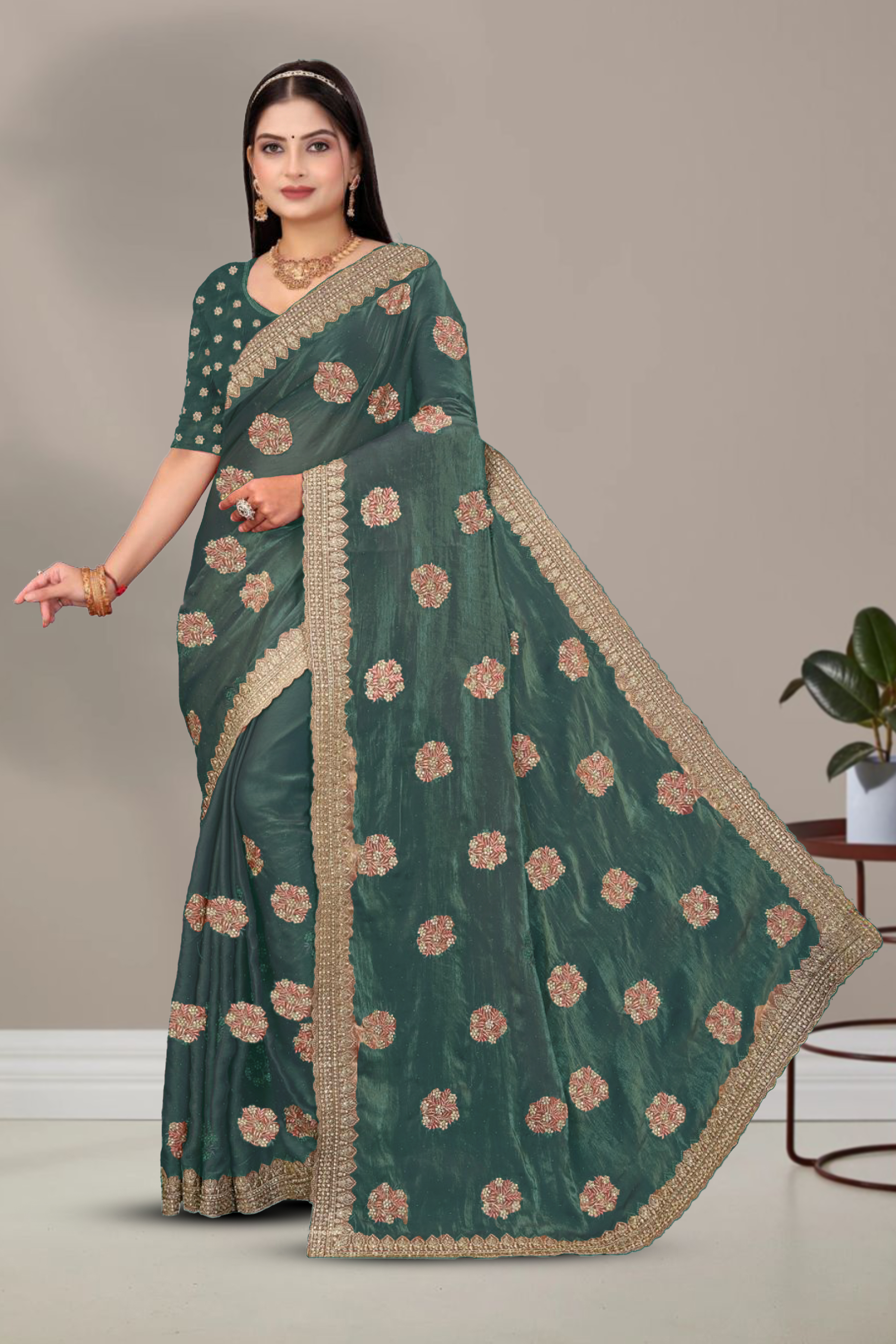 Dyed Embroidery Work Saree With Un-Stitched Blouse