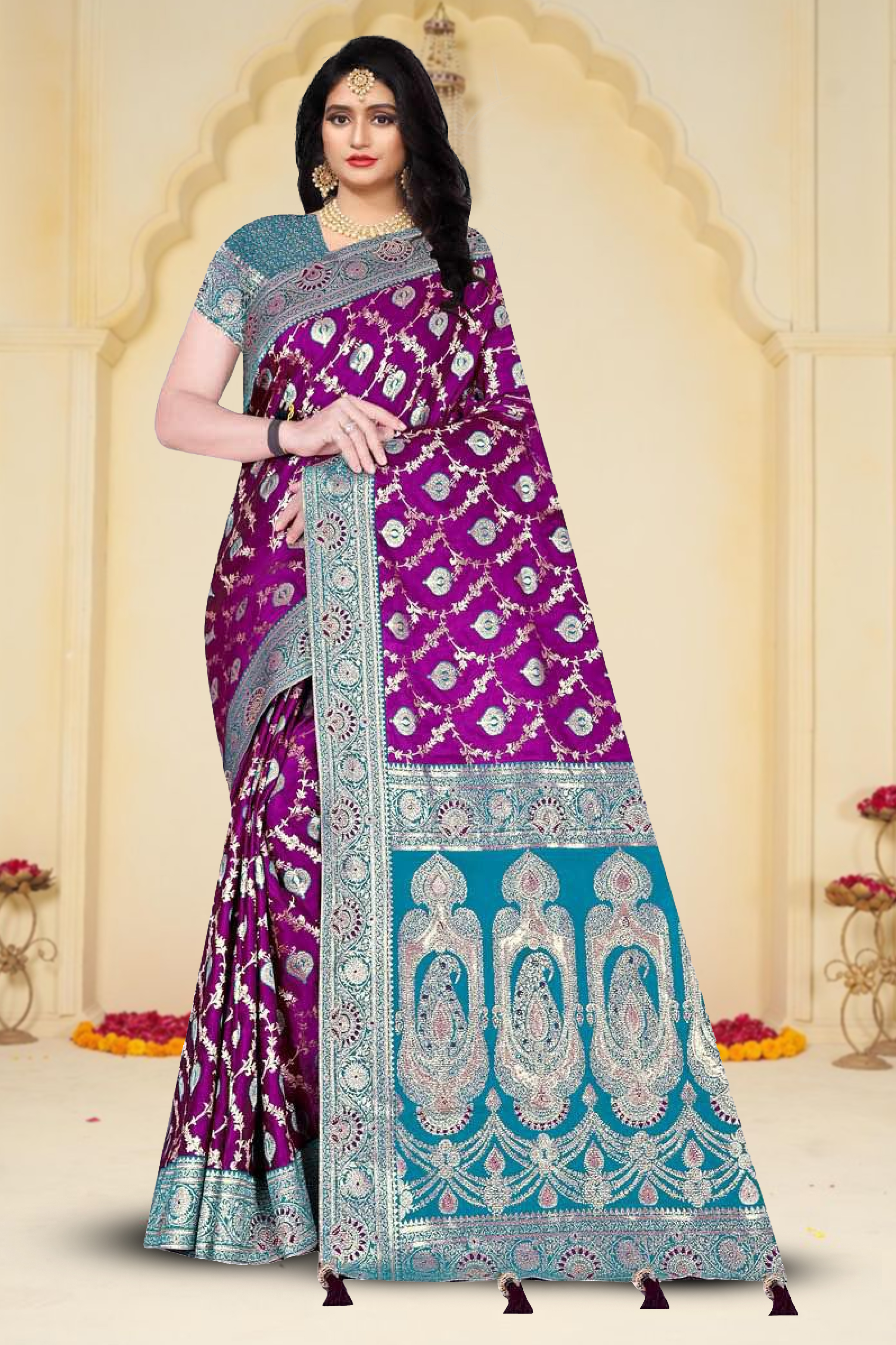 Fancy Repair Jaquard Silk Saree With Un-Stitched Blouse