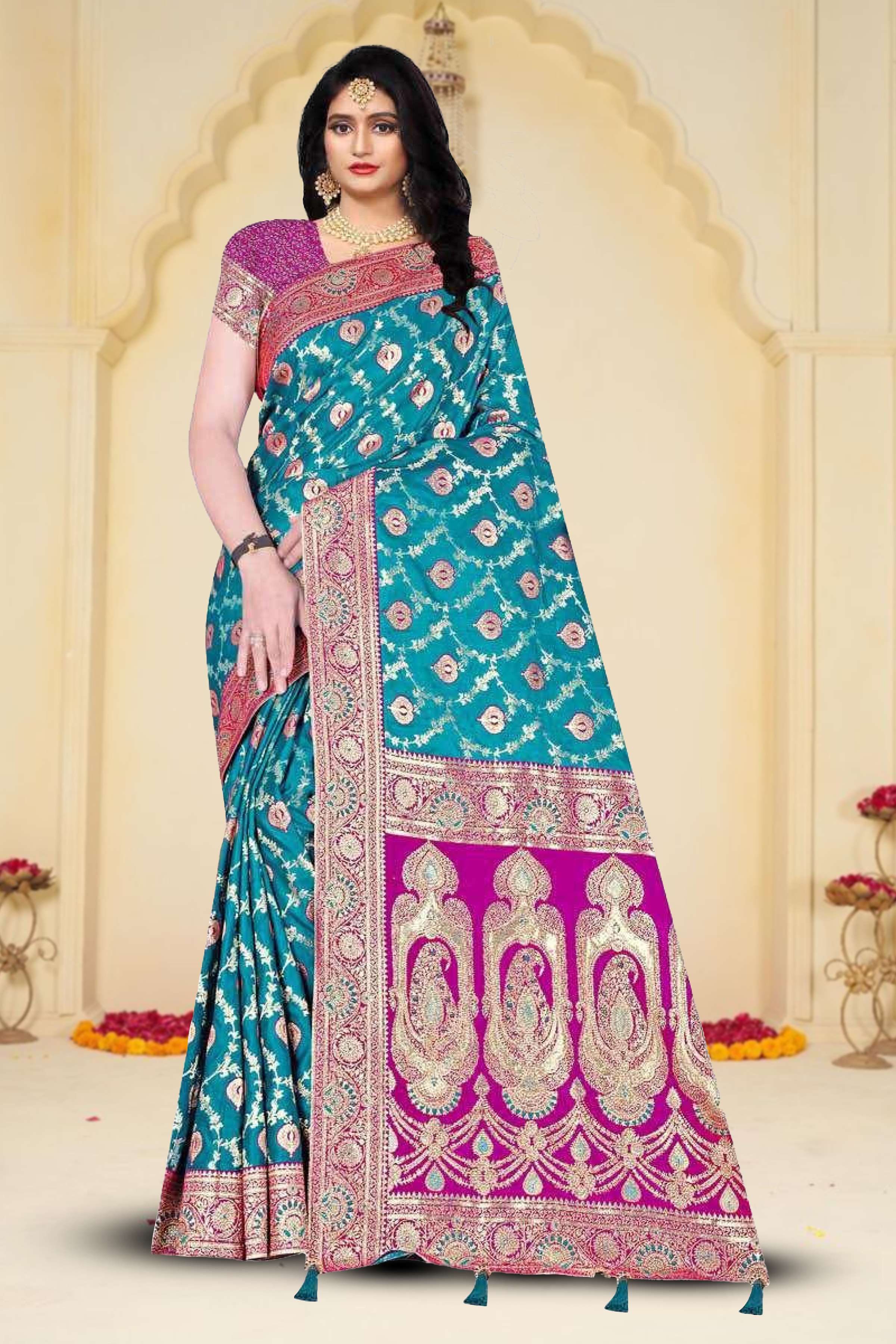 Fancy Repair Jaquard Silk Saree With Un-Stitched Blouse