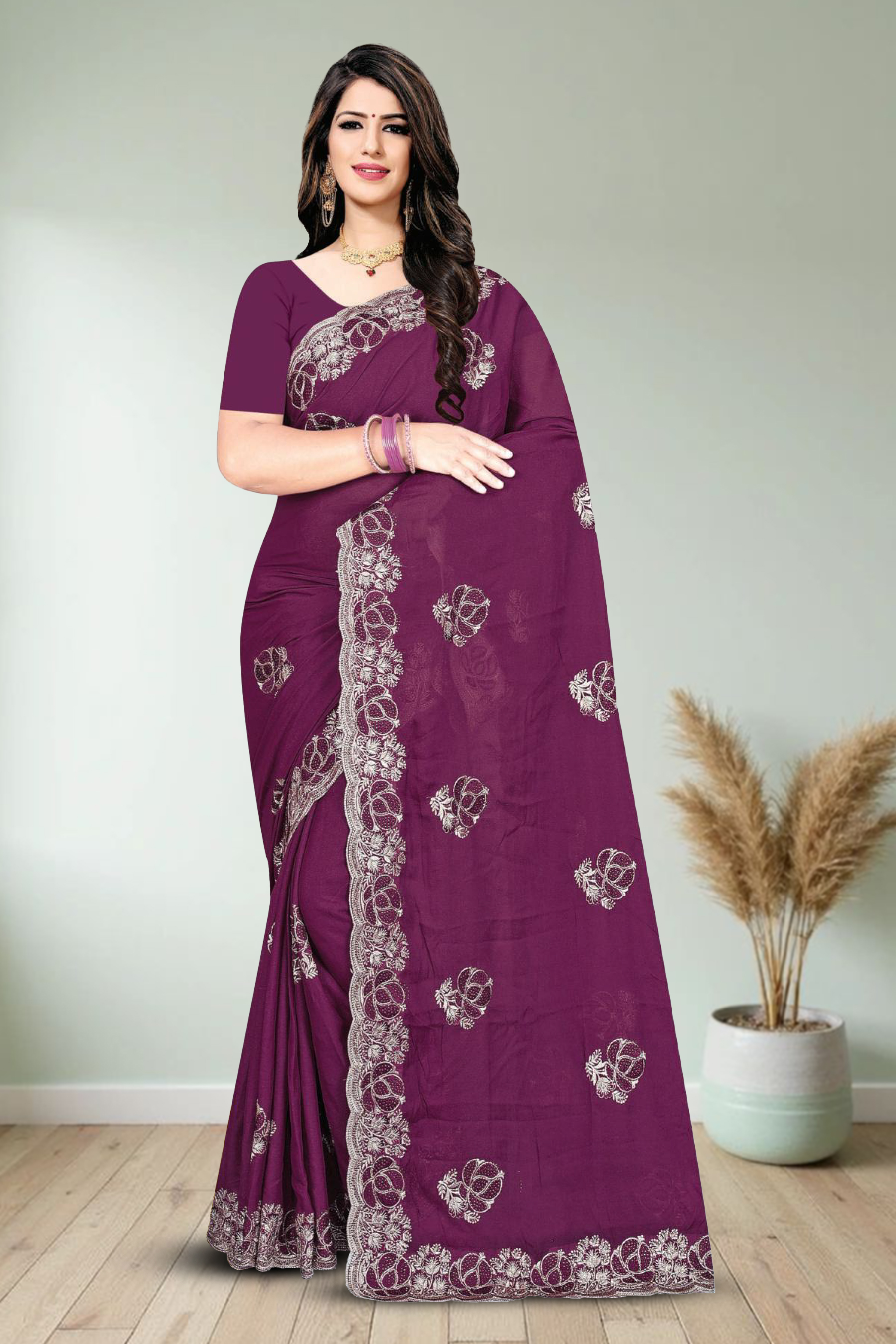 Fancy Dyed Embroidery Work Saree With Un-Stitched Blouse