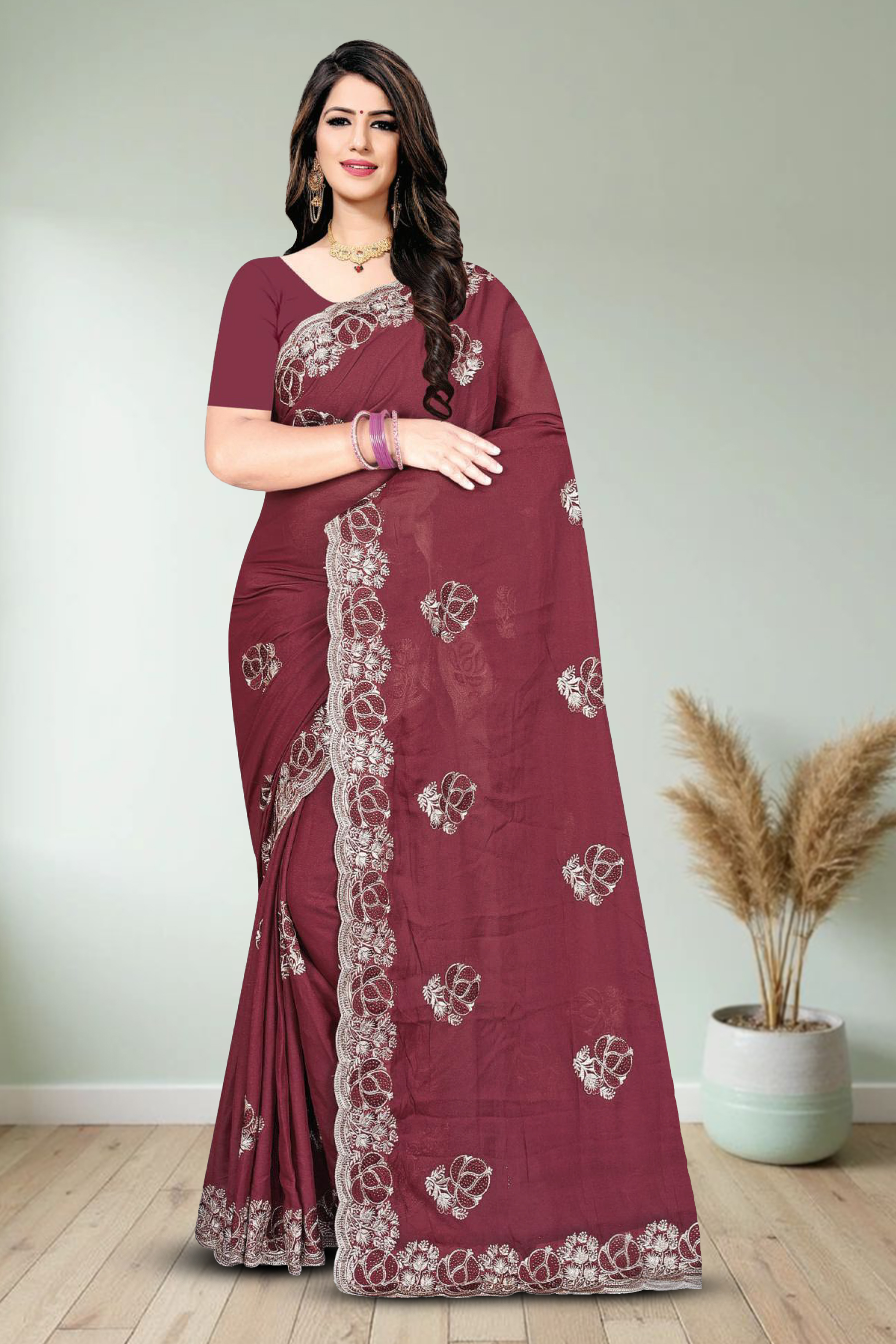 Fancy Dyed Embroidery Work Saree With Un-Stitched Blouse