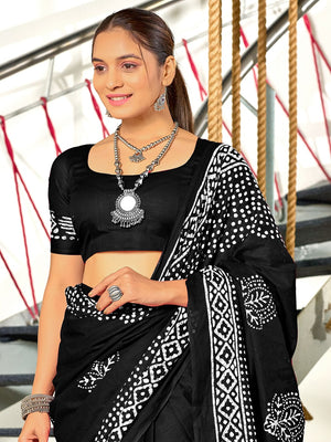 Black Batik Block Print Mulmul Cotton Saree With Blouse Piece