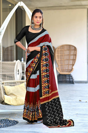 Black Ikkat Print Mulmul Cotton Sarees Saree With Blouse Piece
