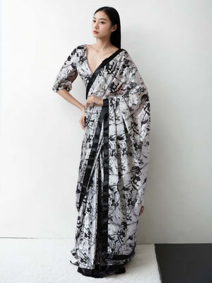 Black Chinon Digital Print with Lace Border Ready to Wear Saree