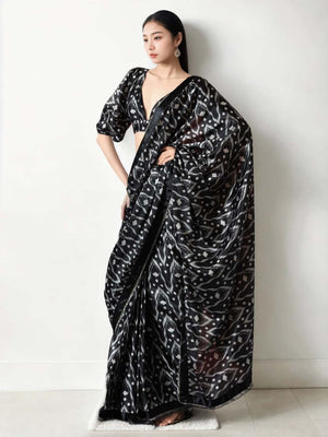Black Chinon Digital Print with Lace Border Ready to Wear Saree