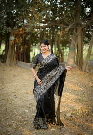 Black Handloom Raw Silk Weaving Designer Saree with Blouse