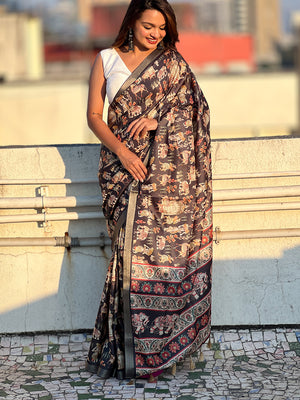 Cream With Black Tussar Silk Saree With Blouse Piece
