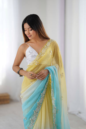 Multi Colour Chiffon Shaded Crush Sequins And Moti And Cutdana Work Saree With Blouse Piece