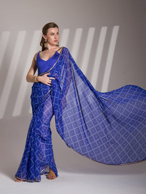 Blue Georgette Printed Saree With Blouse Piece