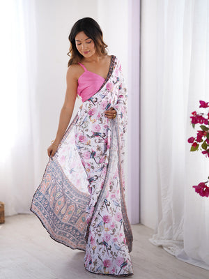 Multicolor Floral Printed Chiffon Saree With Blouse Piece