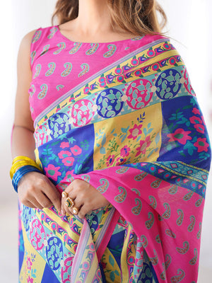 Multicolor Printed Chiffon Saree With Blouse Piece